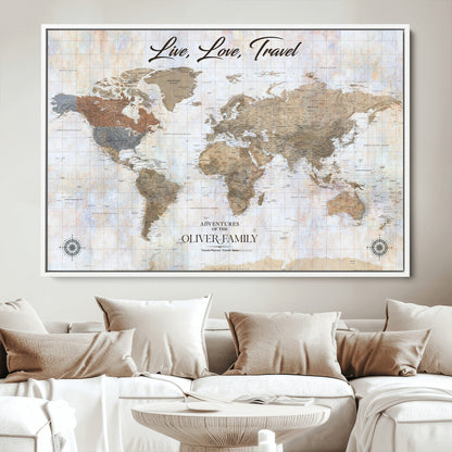 76256172-MGV-CV-36X24-Custom Push Pin World Map Wall Canvas Print – Personalized Travel Tracker with Pins – Framed Large Multi-Size Canvas for Home Office Decor