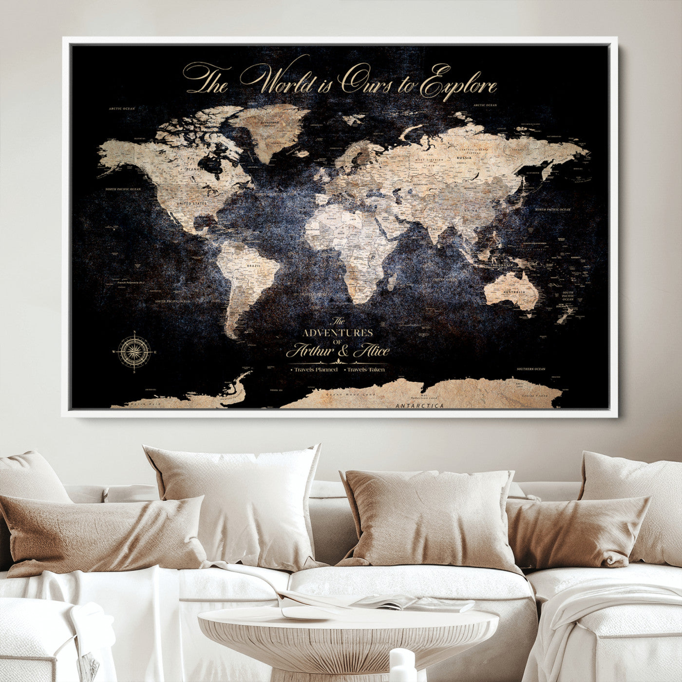 '-Customize Push Pin World Map Wall Canvas Print, Personalized Travel Tracker with Pins, Framed Large Canvas for Home Office Decor - H37