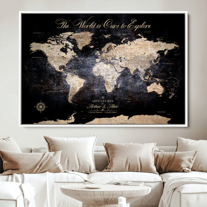 '-Customize Push Pin World Map Wall Canvas Print, Personalized Travel Tracker with Pins, Framed Large Canvas for Home Office Decor - H37