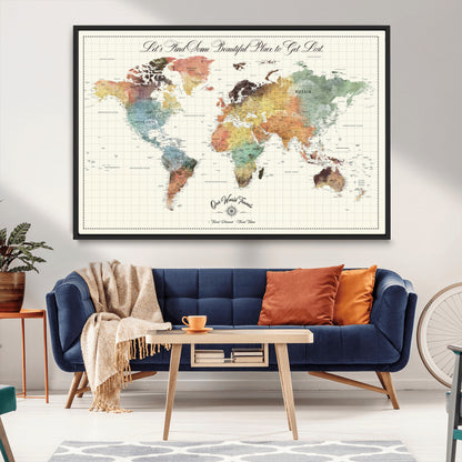 29289638-MGV-CV-36X24-Personalized World Map Print - Customizable Push Pin Framed World Map Print on Canvas - Custom Quote on Map Print