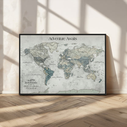Customize Push Pin World Map Wall Canvas Print – Personalized Travel Tracker with Pins – Framed Custom Quotie Canvas for Home Office Decor
