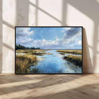 A beautiful, painterly landscape of a calm river winding through a marsh, with vibrant green grasses and a bright blue sky filled with fluffy clouds.