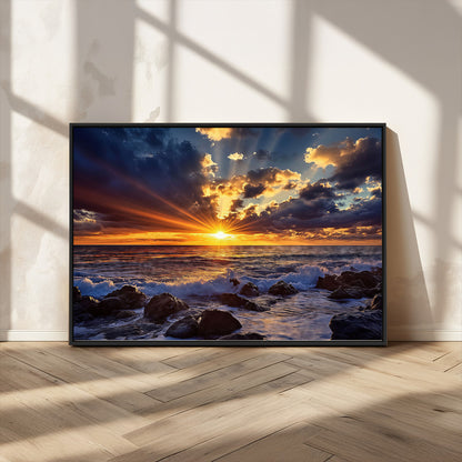 An explosive sunset over the ocean with dramatic clouds and rays of sunlight reflecting off the water, creating a vibrant and captivating view.