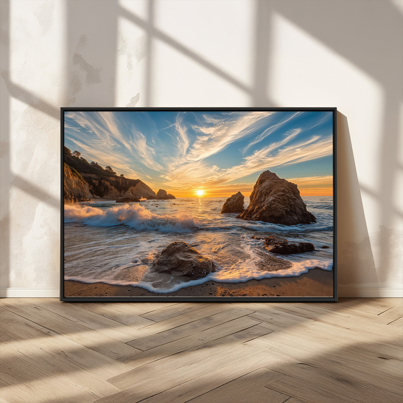 Rocky Ocean Sunset Wall Art Print, Seaside Canvas Wall Art, Dramatic Seascape Canvas Print for Coastal Modern Decor, Ocean Sunset Art Printing
