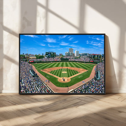A wide-angle shot of a baseball field filled with spectators, with players on the field and the iconic Wrigley Field scoreboard in the background.