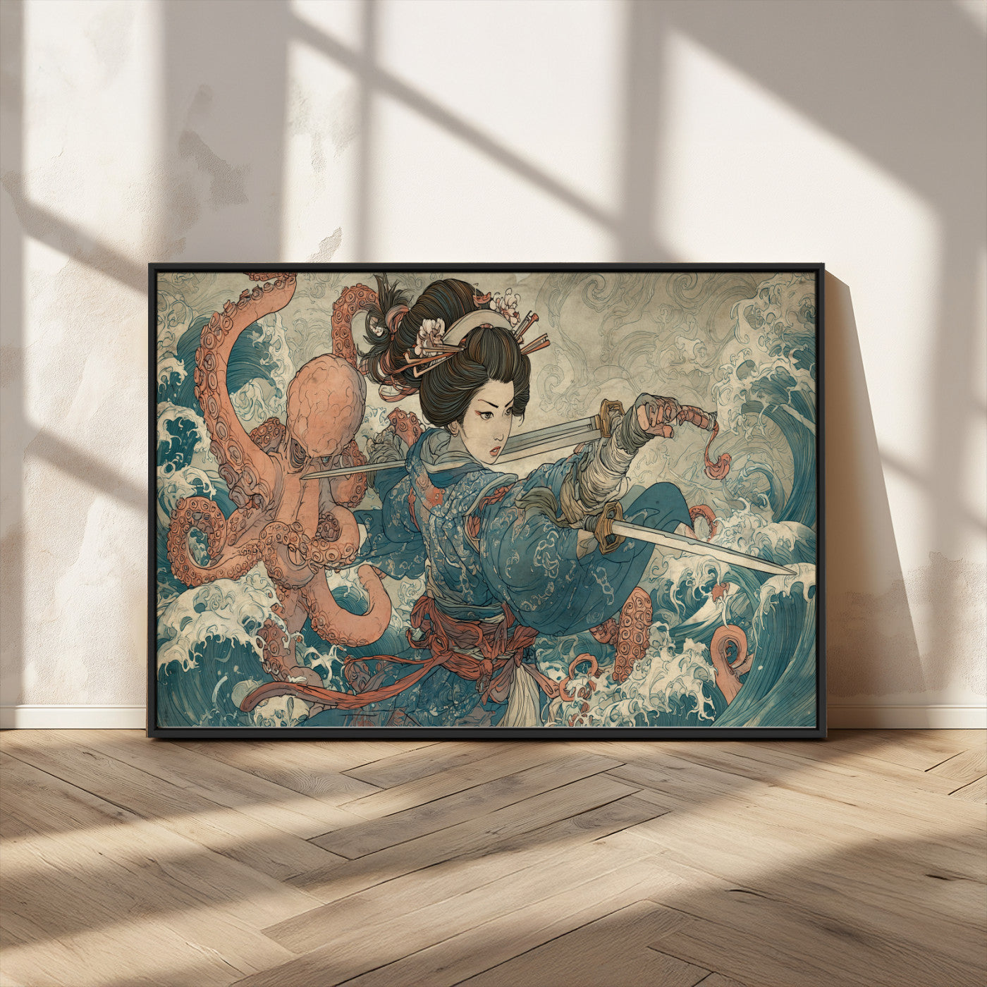 Tsukioka Yoshitoshi Samurai Wall Art Print, Japanese Katana Warrior Canvas Wall Art, Octopus Sea Monster Canvas Print,
