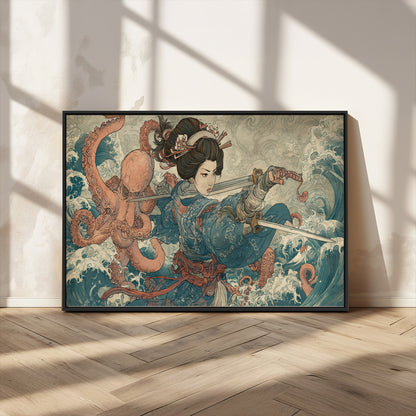 Tsukioka Yoshitoshi Samurai Wall Art Print, Japanese Katana Warrior Canvas Wall Art, Octopus Sea Monster Canvas Print,