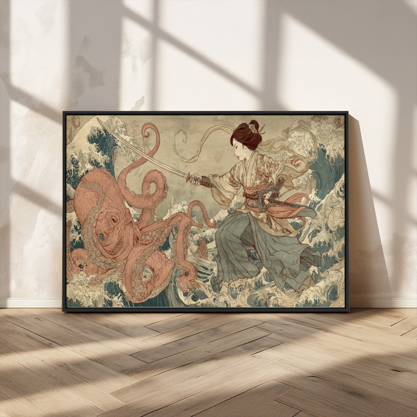Tsukioka Yoshitoshi Samurai Wall Art Print, Japanese Katana Warrior Canvas Wall Art, Octopus Sea Monster Canvas Print,