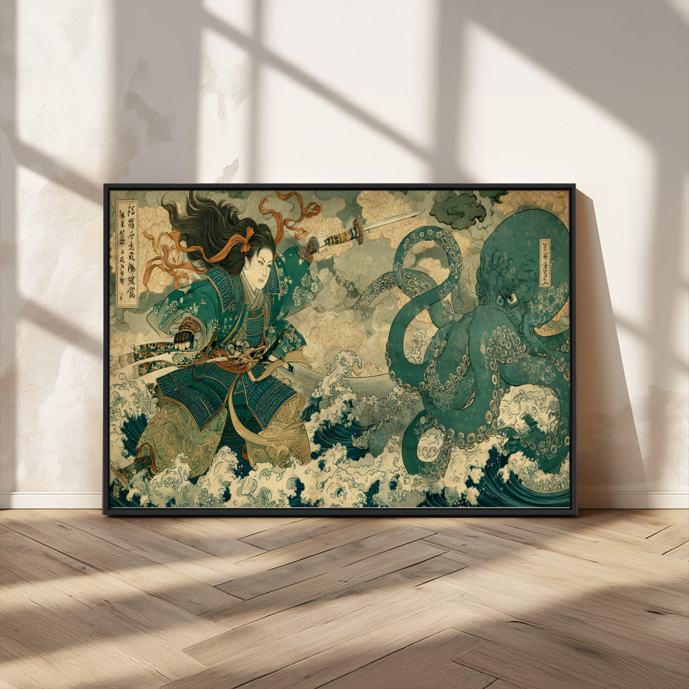 Tsukioka Yoshitoshi Samurai Wall Art Print, Japanese Katana Warrior Canvas Wall Art, Octopus Sea Monster Canvas Print,