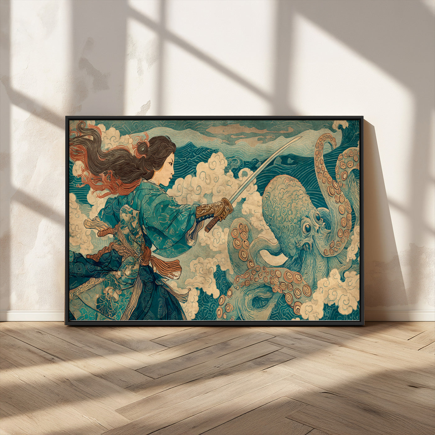 Tsukioka Yoshitoshi Samurai Wall Art Print, Japanese Katana Warrior Canvas Wall Art, Octopus Sea Monster Canvas Print,