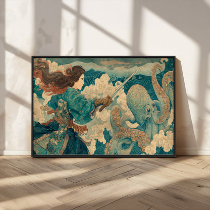 Tsukioka Yoshitoshi Samurai Wall Art Print, Japanese Katana Warrior Canvas Wall Art, Octopus Sea Monster Canvas Print,