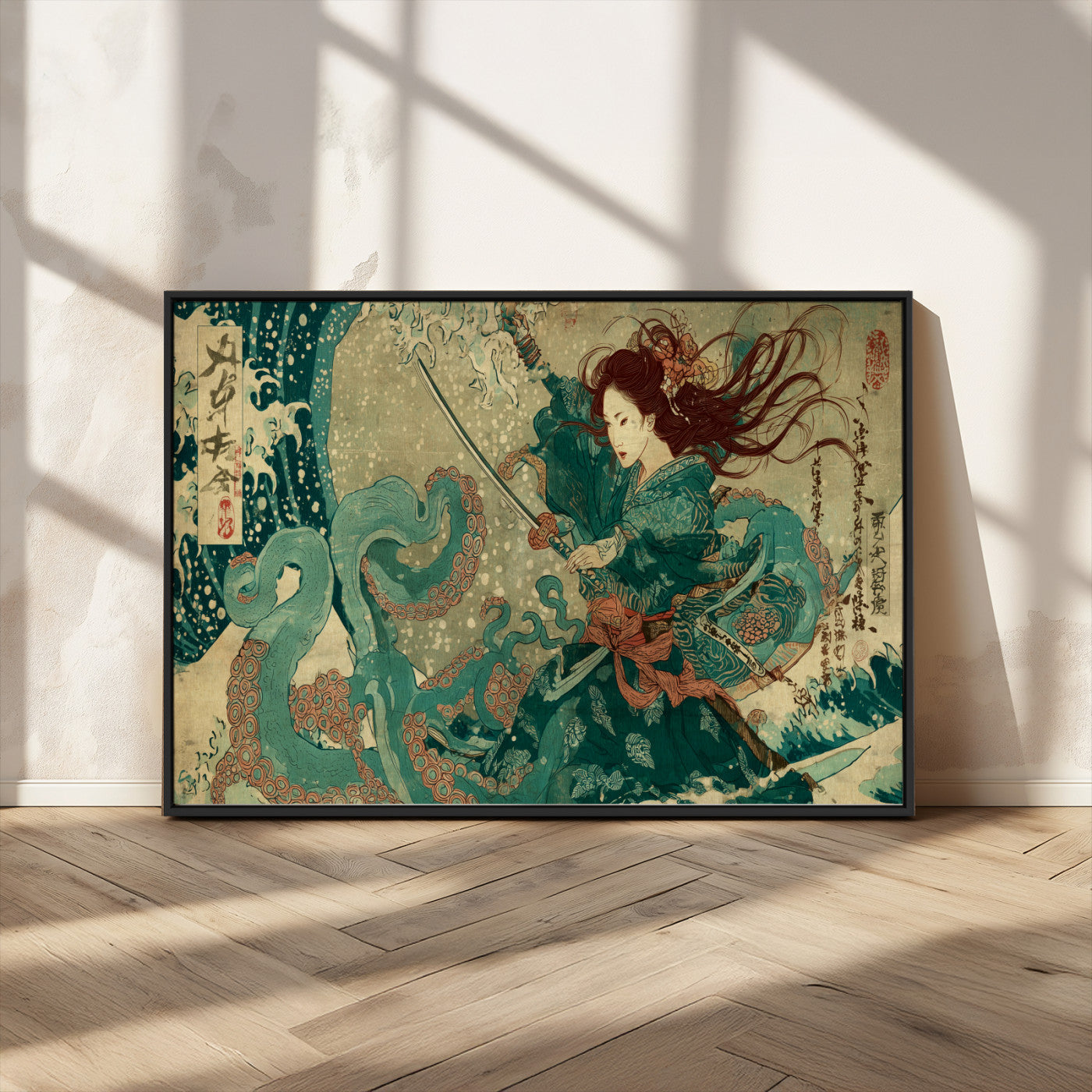 Tsukioka Yoshitoshi Samurai Wall Art Print, Japanese Katana Warrior Canvas Wall Art, Octopus Sea Monster Canvas Print,