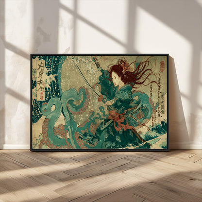 Tsukioka Yoshitoshi Samurai Wall Art Print, Japanese Katana Warrior Canvas Wall Art, Octopus Sea Monster Canvas Print,