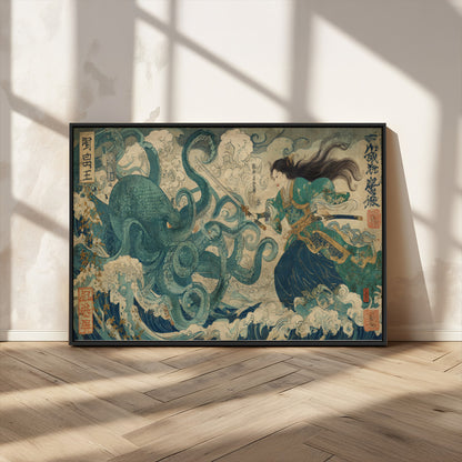 Tsukioka Yoshitoshi Samurai Wall Art Print, Japanese Katana Warrior Canvas Wall Art, Octopus Sea Monster Canvas Print,