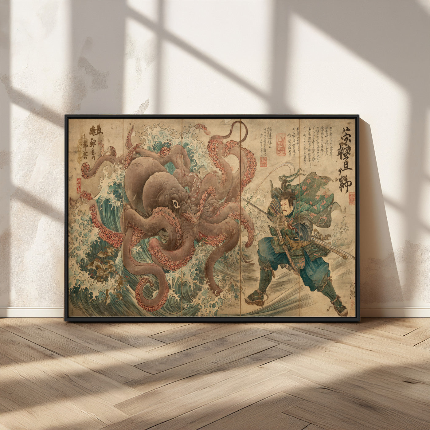 Tsukioka Yoshitoshi Samurai Wall Art Print, Japanese Katana Warrior Canvas Wall Art, Octopus Sea Monster Canvas Print,