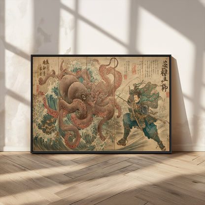 Tsukioka Yoshitoshi Samurai Wall Art Print, Japanese Katana Warrior Canvas Wall Art, Octopus Sea Monster Canvas Print,