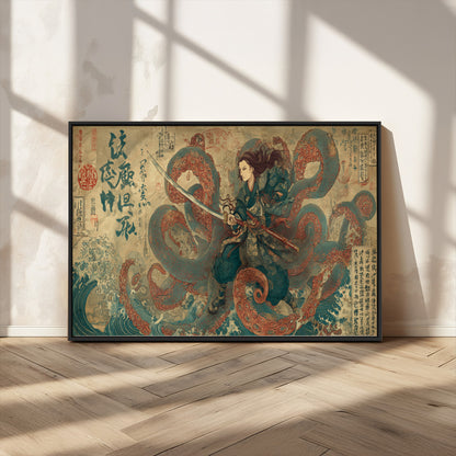 Tsukioka Yoshitoshi Samurai Wall Art Print, Japanese Katana Warrior Canvas Wall Art, Octopus Sea Monster Canvas Print,