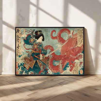 Tsukioka Yoshitoshi Samurai Wall Art Print, Japanese Katana Warrior Canvas Wall Art, Octopus Sea Monster Canvas Print,