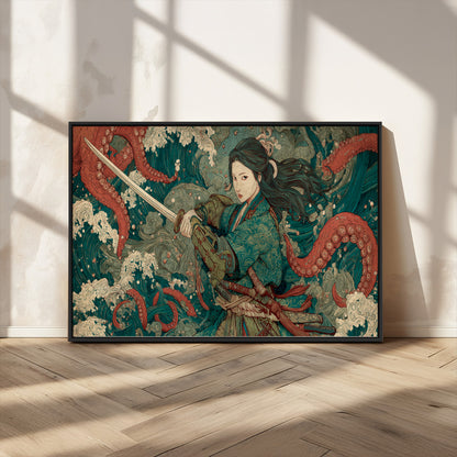 Tsukioka Yoshitoshi Samurai Wall Art Print, Japanese Katana Warrior Canvas Wall Art, Octopus Sea Monster Canvas Print,