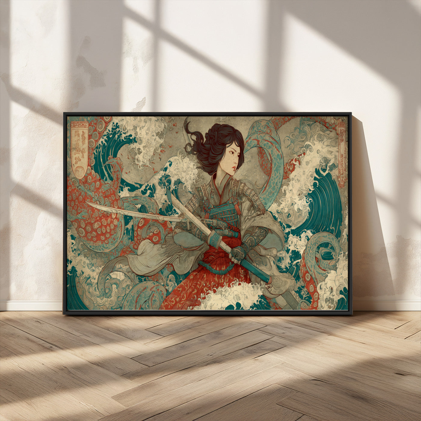 Tsukioka Yoshitoshi Samurai Wall Art Print, Japanese Katana Warrior Canvas Wall Art, Octopus Sea Monster Canvas Print,