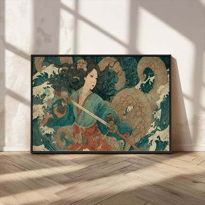 Tsukioka Yoshitoshi Samurai Wall Art Print, Japanese Katana Warrior Canvas Wall Art, Octopus Sea Monster Canvas Print,