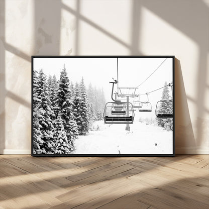 Black and white canvas of empty ski lifts over a snowy pine forest, perfect for minimal winter or ski lodge-inspired decor.