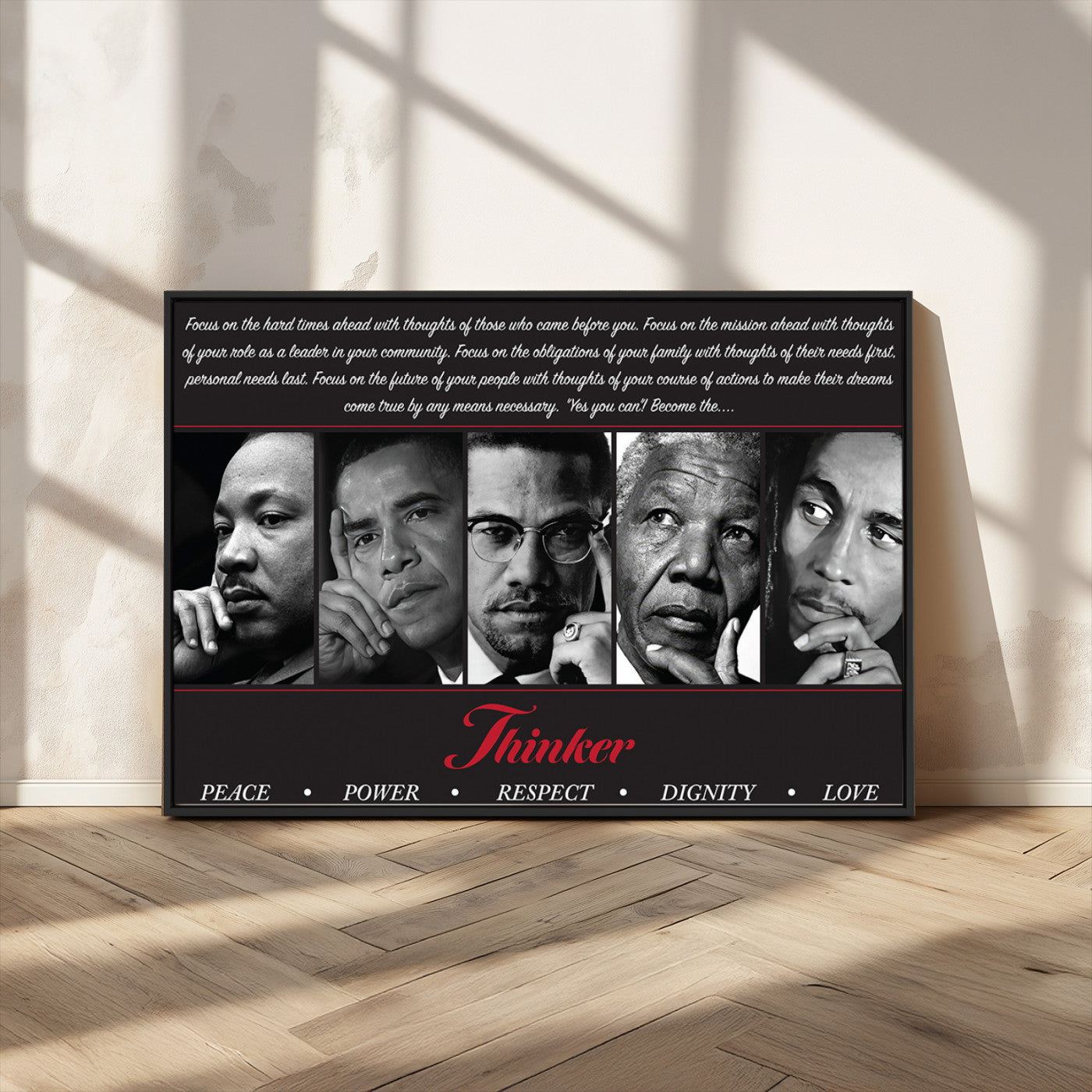 Monochrome canvas of iconic Black leaders with a powerful quote, perfect for modern spaces with a cultural or motivational theme.