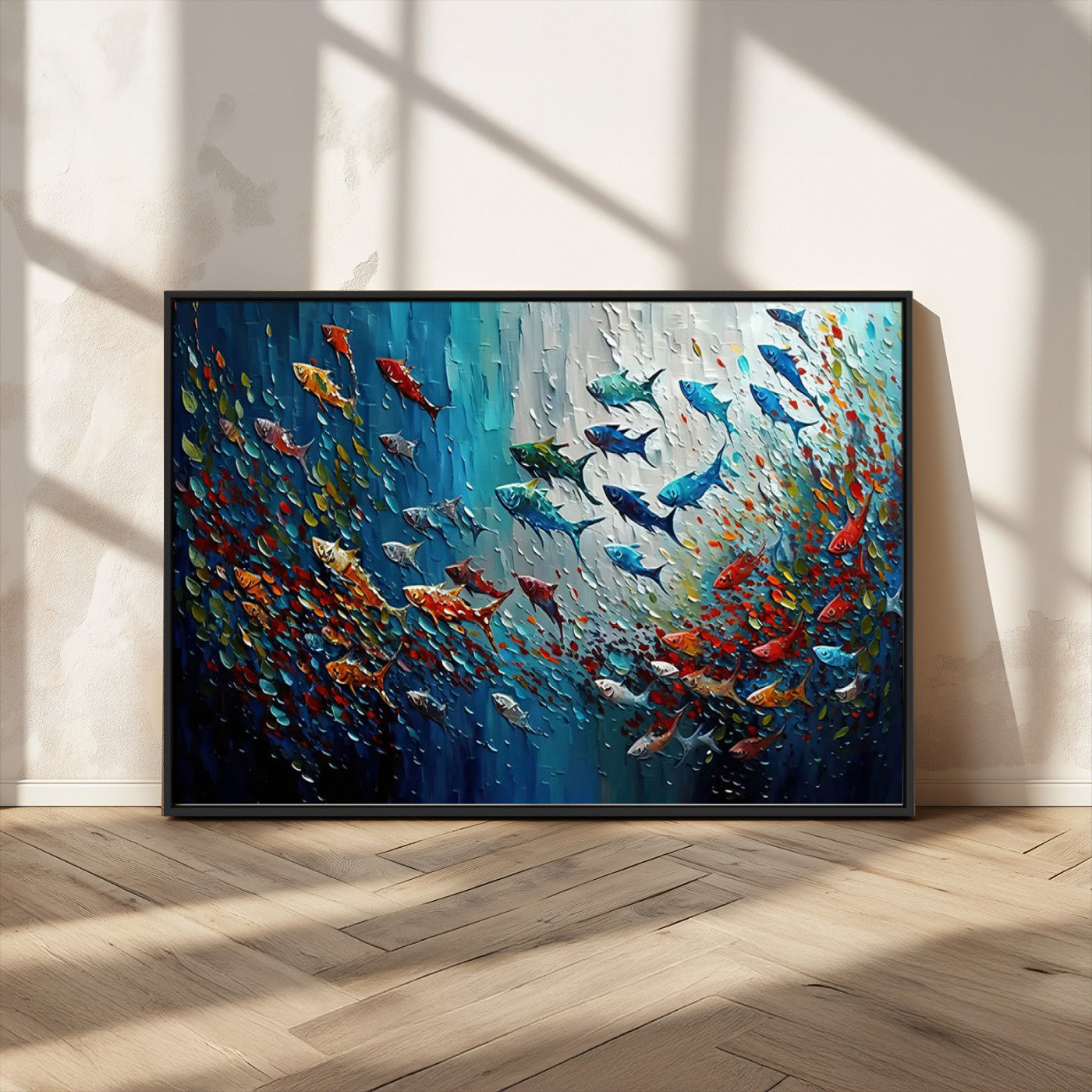 Colorful painting of fish swimming in abstract ocean swirls, perfect for vibrant marine-themed or expressive coastal home decor.