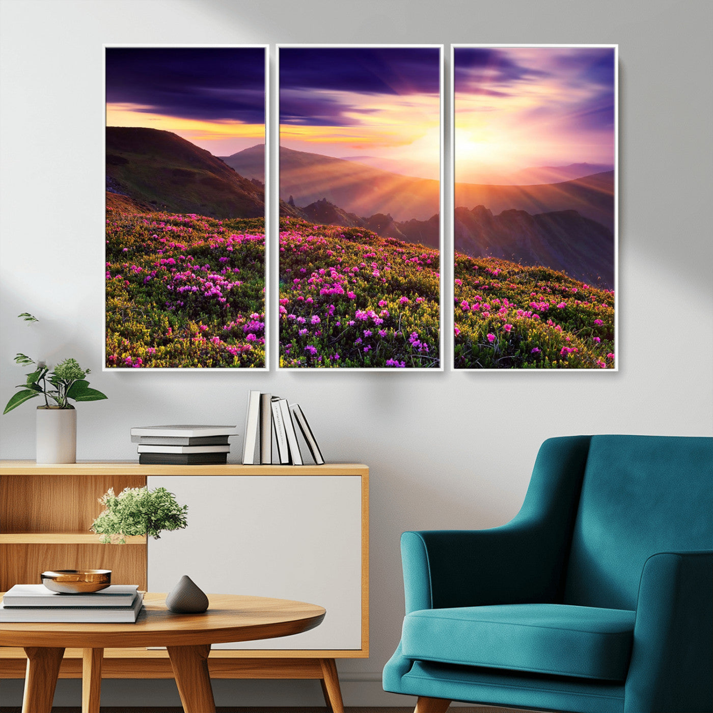 -Mountain Sunrise Wall Art – Vibrant Floral Landscape Canvas Print, Nature Home Decor for Living Room, Bedroom Office or Cabin