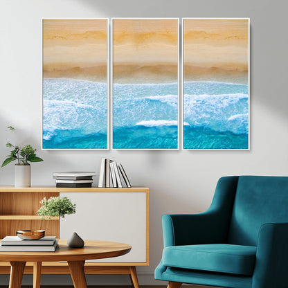-Aerial Beach Wall Art – Serene Ocean Waves & Sandy Shore Canvas Print, Coastal Home Decor for Living Room, Bedroom or Office