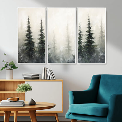 Soft and misty pine forest painting in neutral earthy tones, ideal for calm woodland or minimalist rustic home decor.