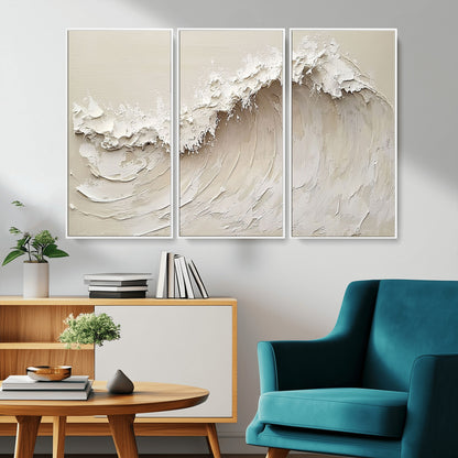 Textured canvas of an abstract white ocean wave in neutral tones, ideal for modern coastal or minimalist home decor.