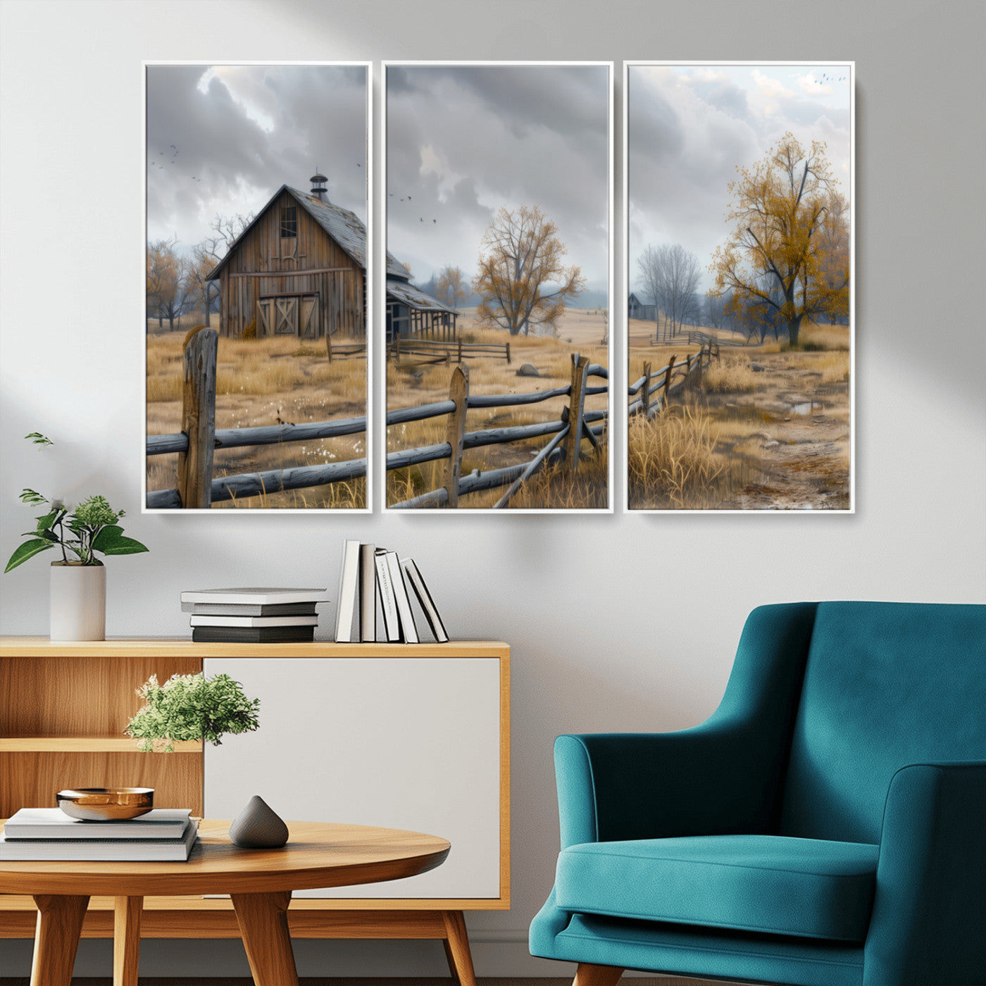 A tranquil rural scene featuring a rustic barn, overcast skies, and golden fields with scattered trees, evoking a sense of peaceful solitude in nature.