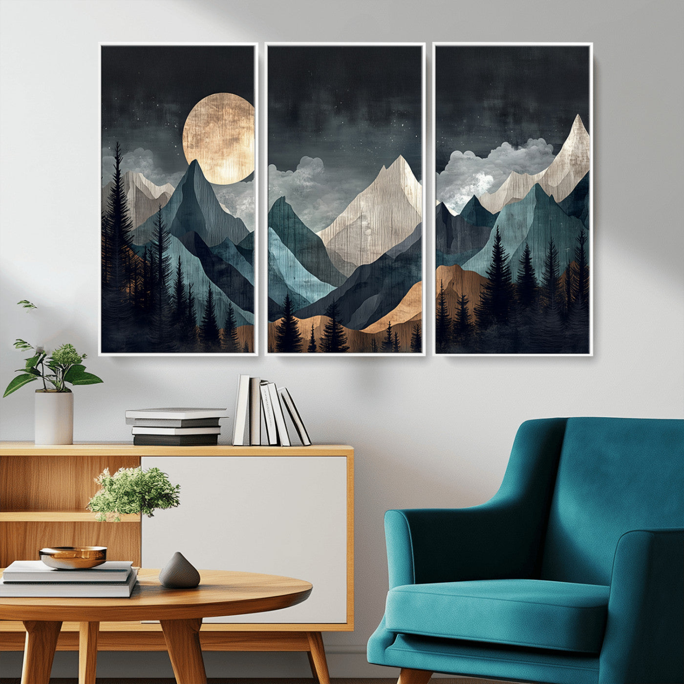 Stylized canvas of layered mountains under a full moon in neutral moody tones, ideal for nature-inspired or modern rustic interiors.