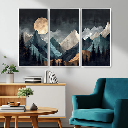 Stylized canvas of layered mountains under a full moon in neutral moody tones, ideal for nature-inspired or modern rustic interiors.