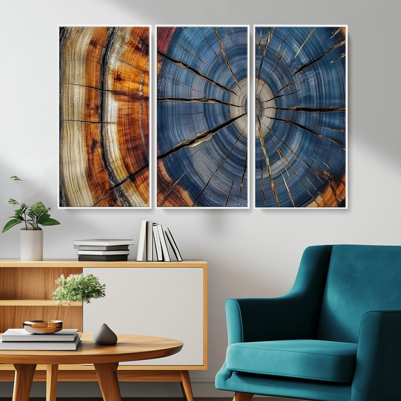 A stunning close-up view of a tree trunk, showcasing the intricate growth rings in a vibrant mix of warm browns, cool blues, and hints of natural texture.