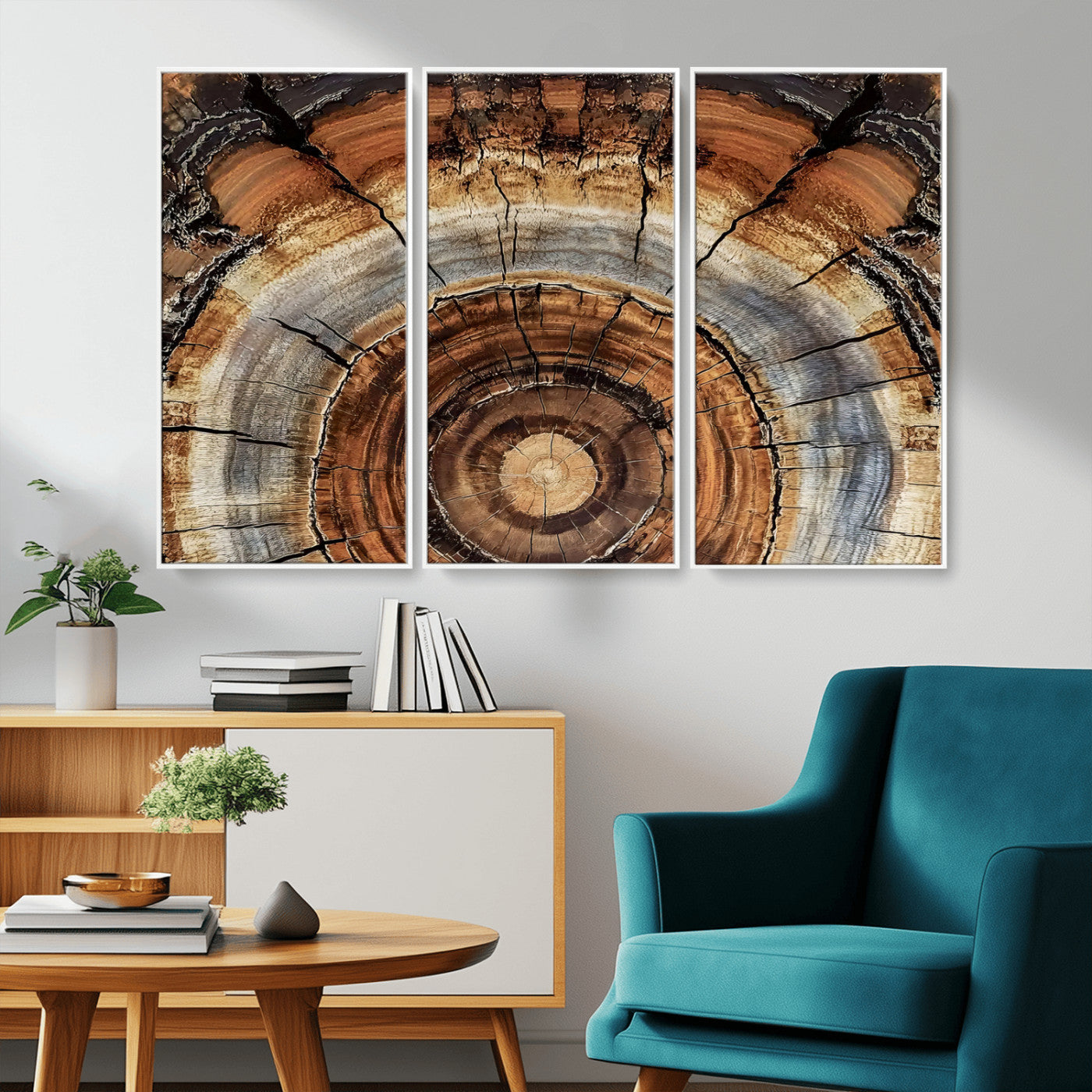 Canvas of tree rings and natural wood grain in earthy tones, ideal for rustic or vintage-inspired home decor with organic textures.