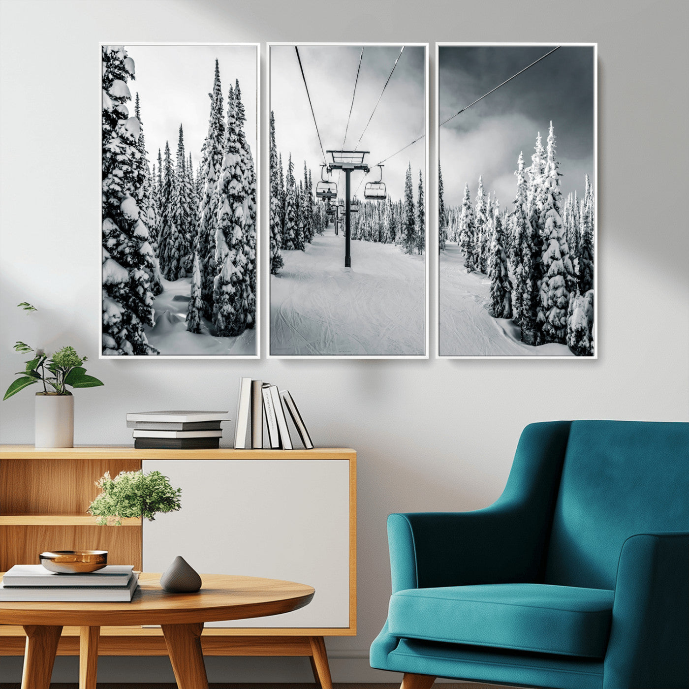 Canvas of a snowy ski lift scene through a forest of tall pine trees, ideal for moody winter or alpine-themed home decor.