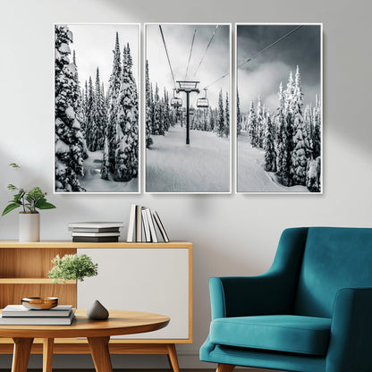 Canvas of a snowy ski lift scene through a forest of tall pine trees, ideal for moody winter or alpine-themed home decor.