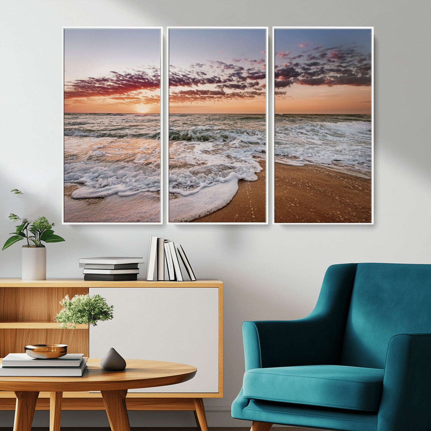 Canvas of a sunset over a foamy ocean shore with warm light and gentle waves, ideal for coastal or beach-themed home decor.