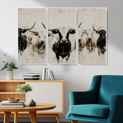 Illustrated herd of longhorn cattle in black and white tones with a neutral textured background, perfect for rustic or farmhouse-style decor.