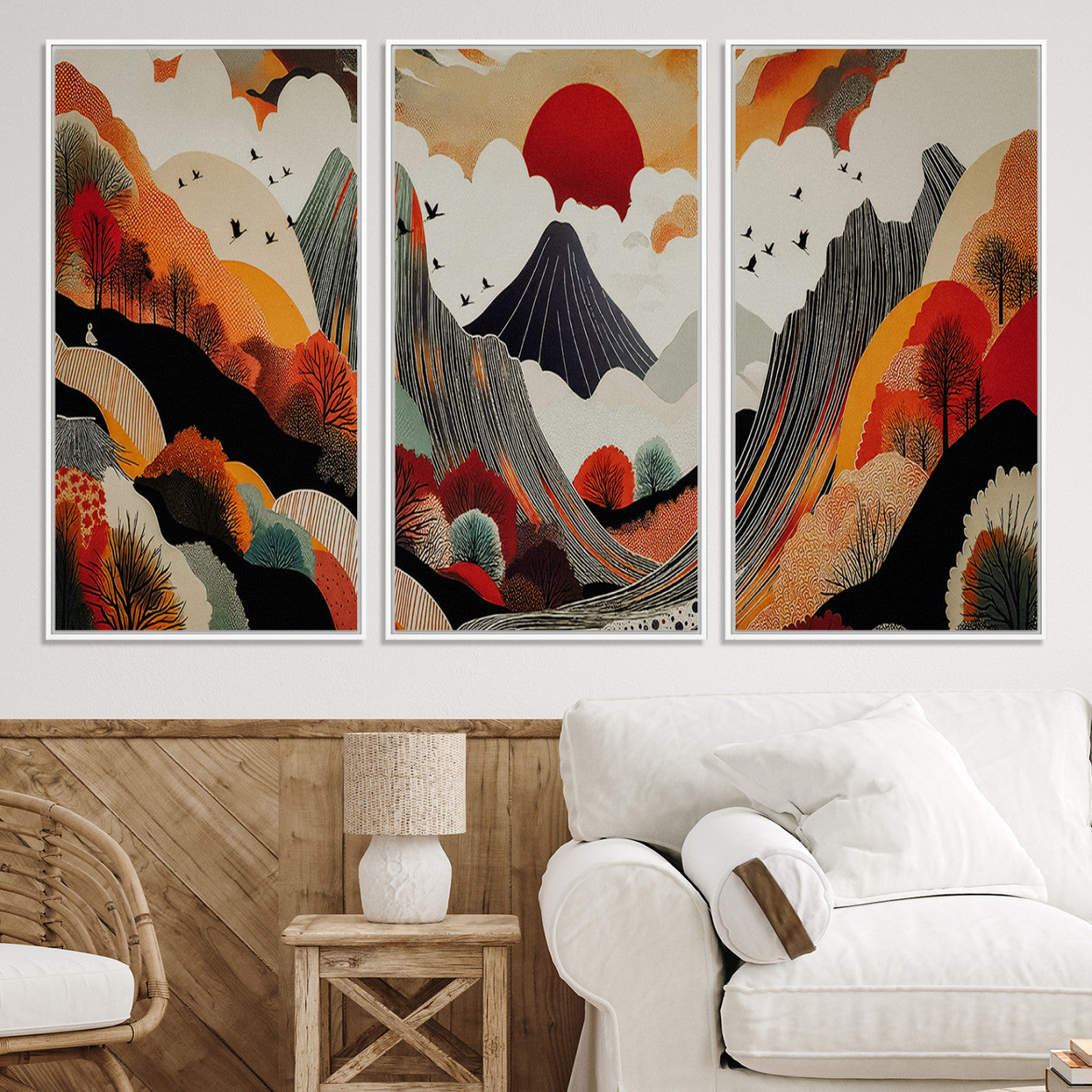 Abstract Mountain Wall Art Canvas Print, Vibrant Landscape Print, Framed Stylized Nature Drawing Art Print, Large Sunset Mountains Printing Perfect for Contemporary Minimalist Decor
