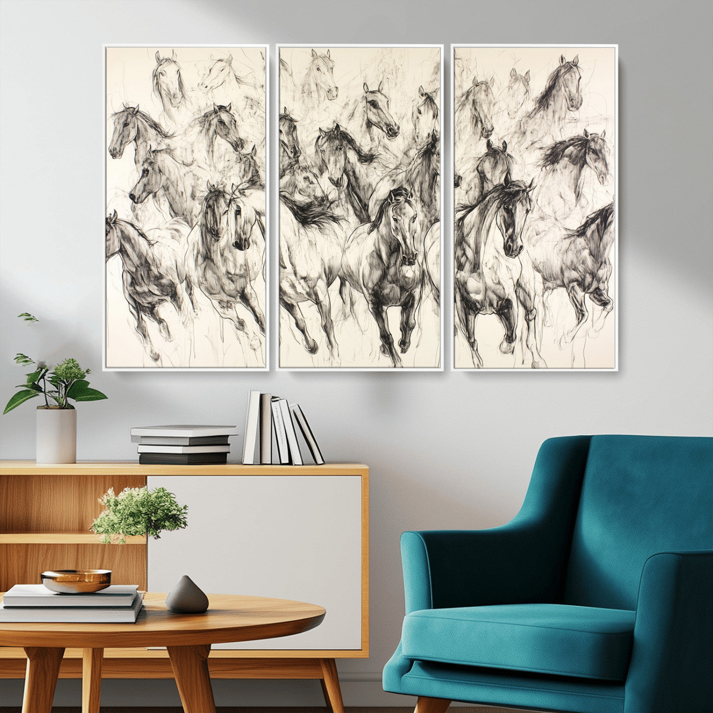 Monochrome ink sketch of galloping horses in dynamic motion, perfect for western or equine-themed wall decor with bold artistic energy.