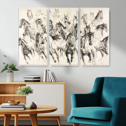Monochrome ink sketch of galloping horses in dynamic motion, perfect for western or equine-themed wall decor with bold artistic energy.