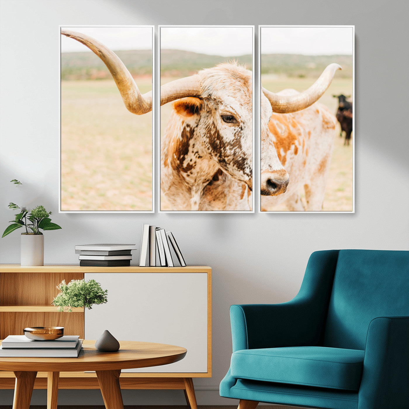 Close-up of a speckled Texas Longhorn in warm prairie tones, perfect for rustic western or countryside-themed room decor.