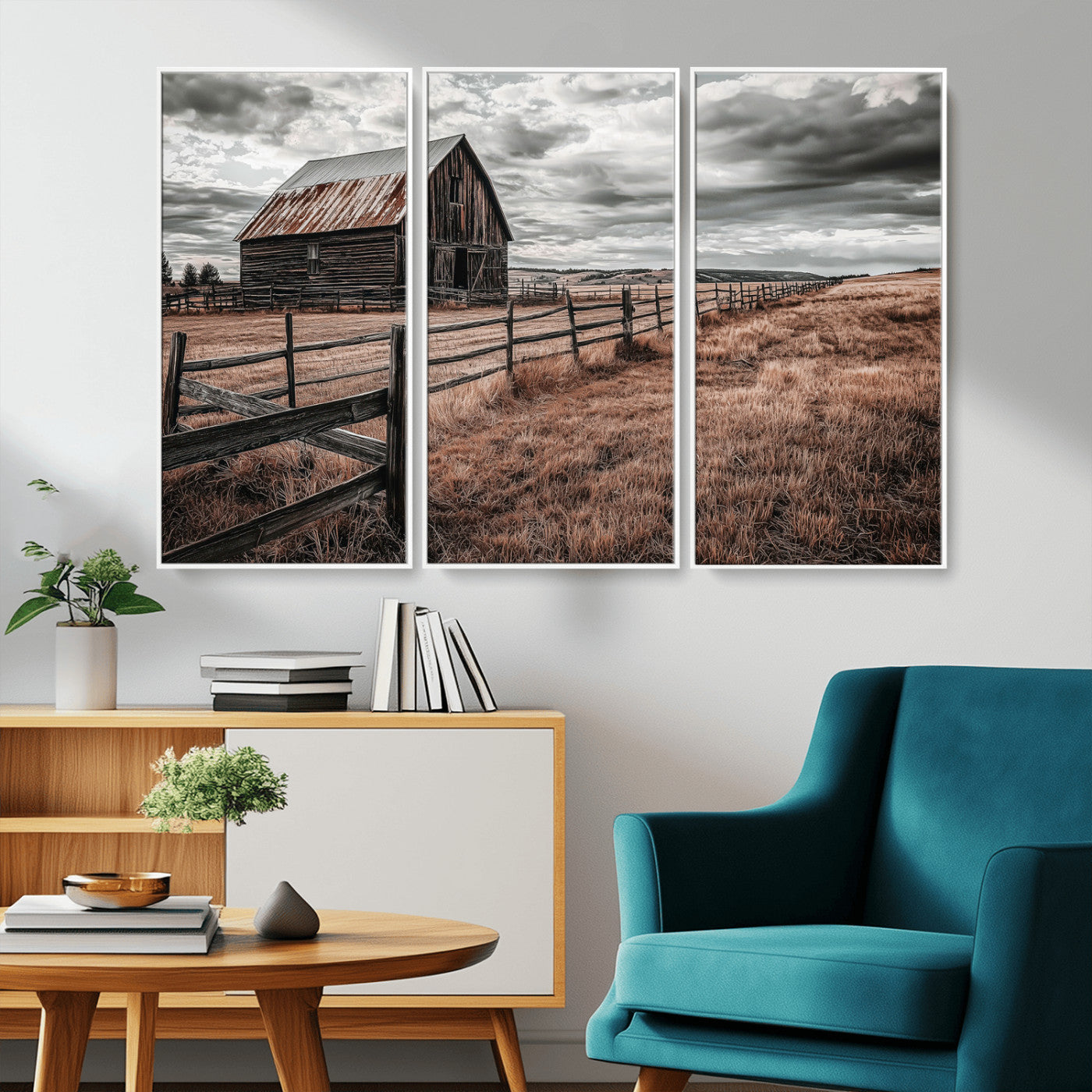 Framed canvas of a rustic barn under a moody sky with weathered fence and dark fields, ideal for farmhouse or rural-style wall decor.