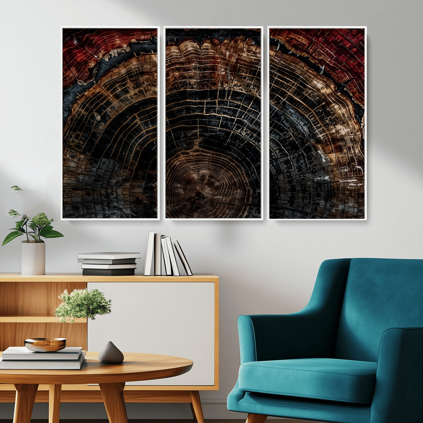 Dark Wood Wall Art Print - Petrified Tree Canvas Print, featuring an intricate tree ring pattern with deep earthy tones and organic textures, perfect for rustic and nature-inspired decor.