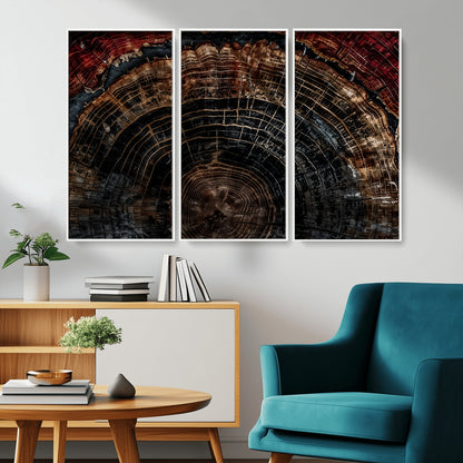 Dark Wood Wall Art Print - Petrified Tree Canvas Print, featuring an intricate tree ring pattern with deep earthy tones and organic textures, perfect for rustic and nature-inspired decor.