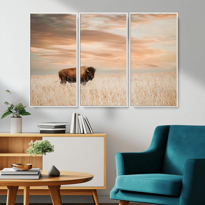 Bison Wall Art Print - Buffalo Canvas Print, featuring a lone bison in a golden prairie under a warm sunset sky, perfect for rustic and farmhouse decor.