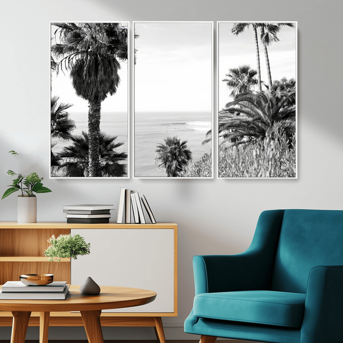 Monochrome canvas of palm trees framing a coastal surf scene, perfect for California-inspired or retro black-and-white beach decor.